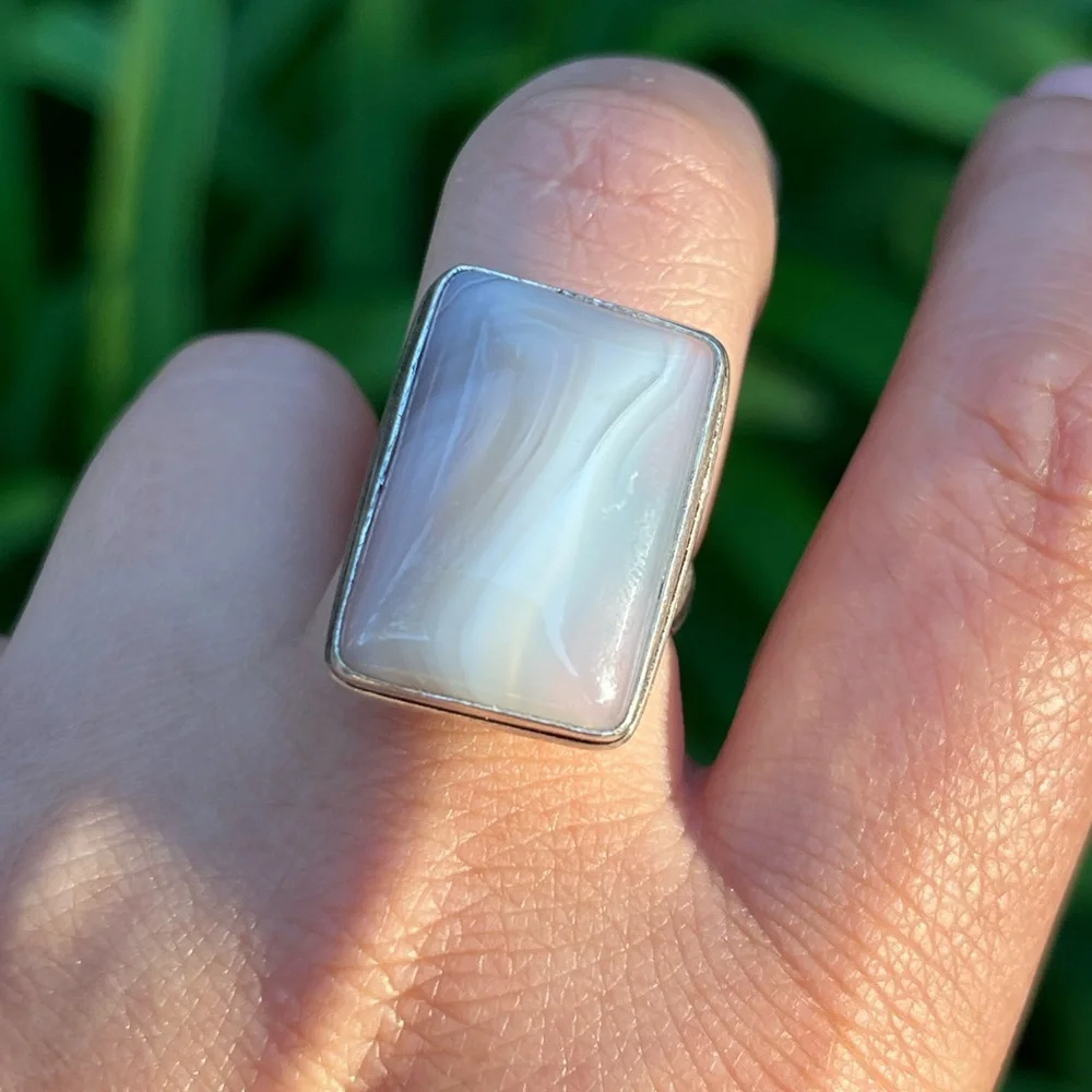 Size‎ 7.25 925 silver plated milky banded agate rectangular ring